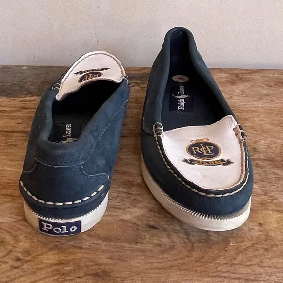 RALPH LAUREN POLO Vtg 80s Nautical Blue White Crest Loafer Deck Shoes 8.5AA Nice